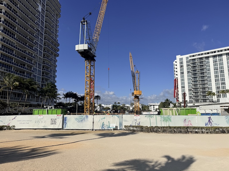The Rivage Bal Harbour construction site with cranes on Collins Avenue, 2026 progress