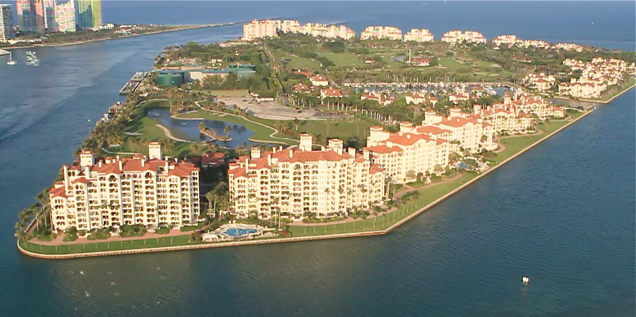 Aerial view of Fisher Island waterfront and marina